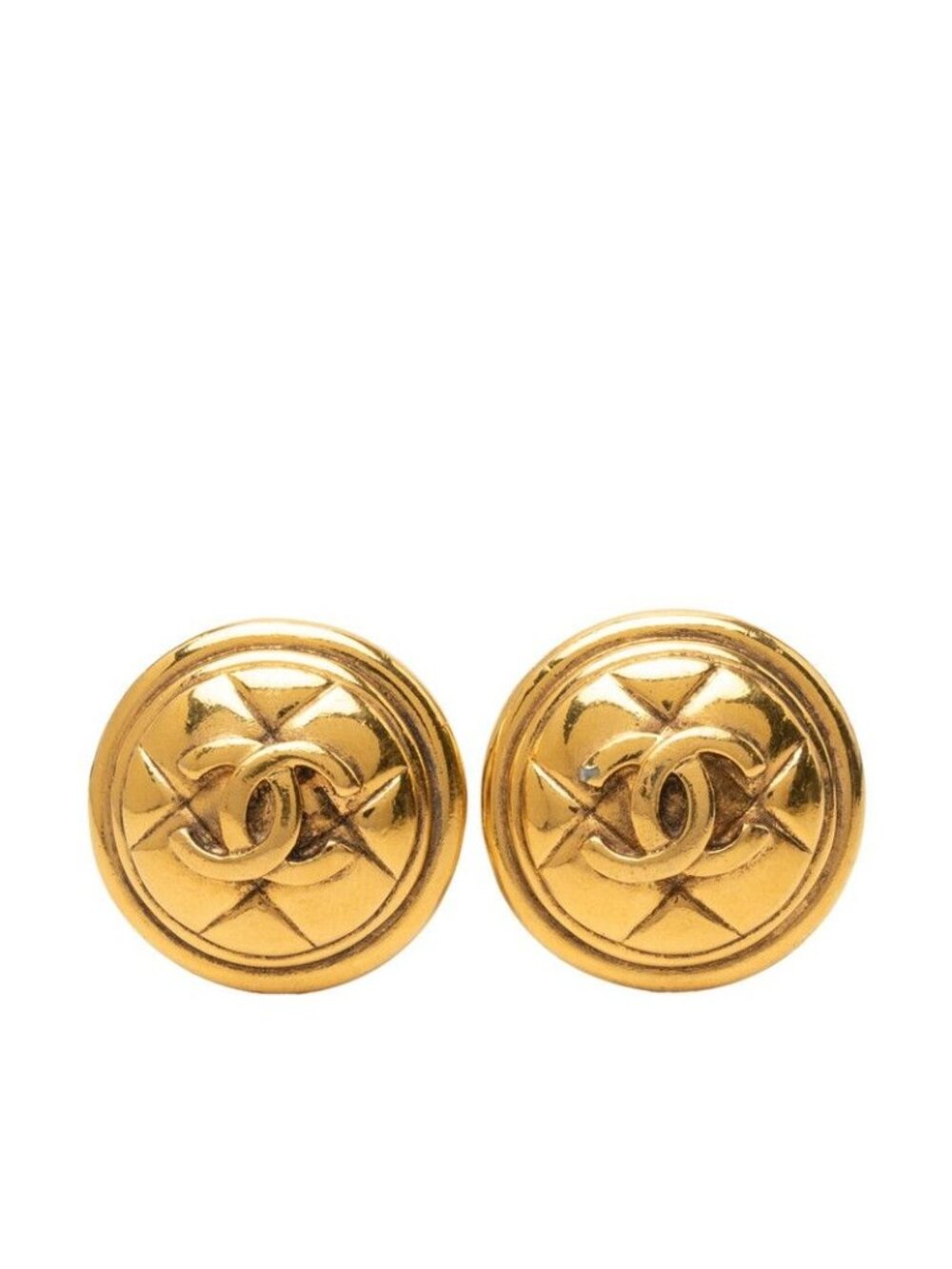 Chanel Vintage Quilted CC Logo Earrings Gold Plated